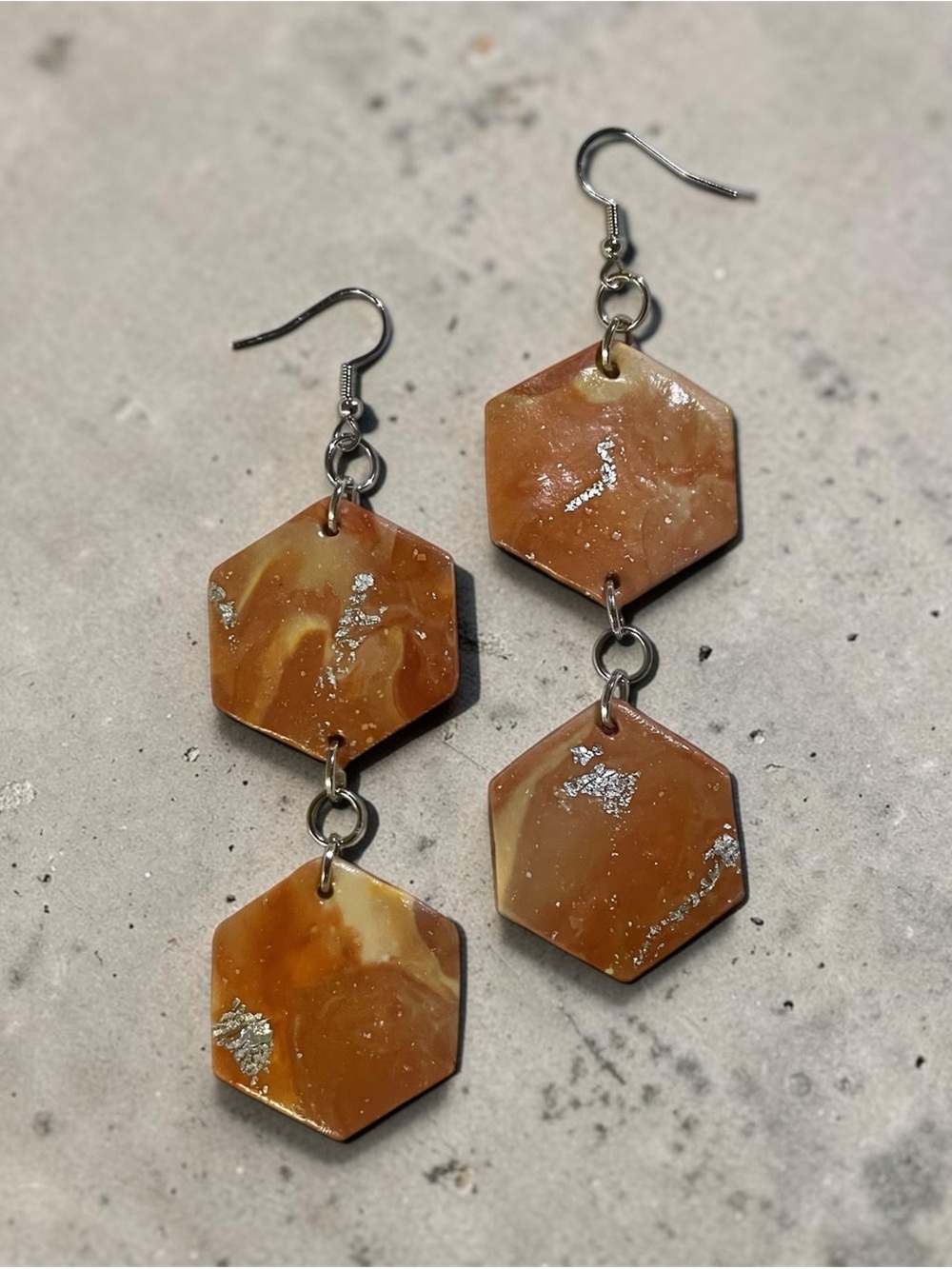 Handmade Hexagon Drop Earrings in Amber Swirl